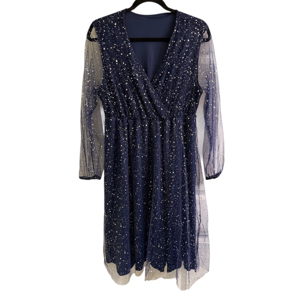 Women’s Shiny Mesh Lantern Sleeve Dress. - Picture 8 of 12